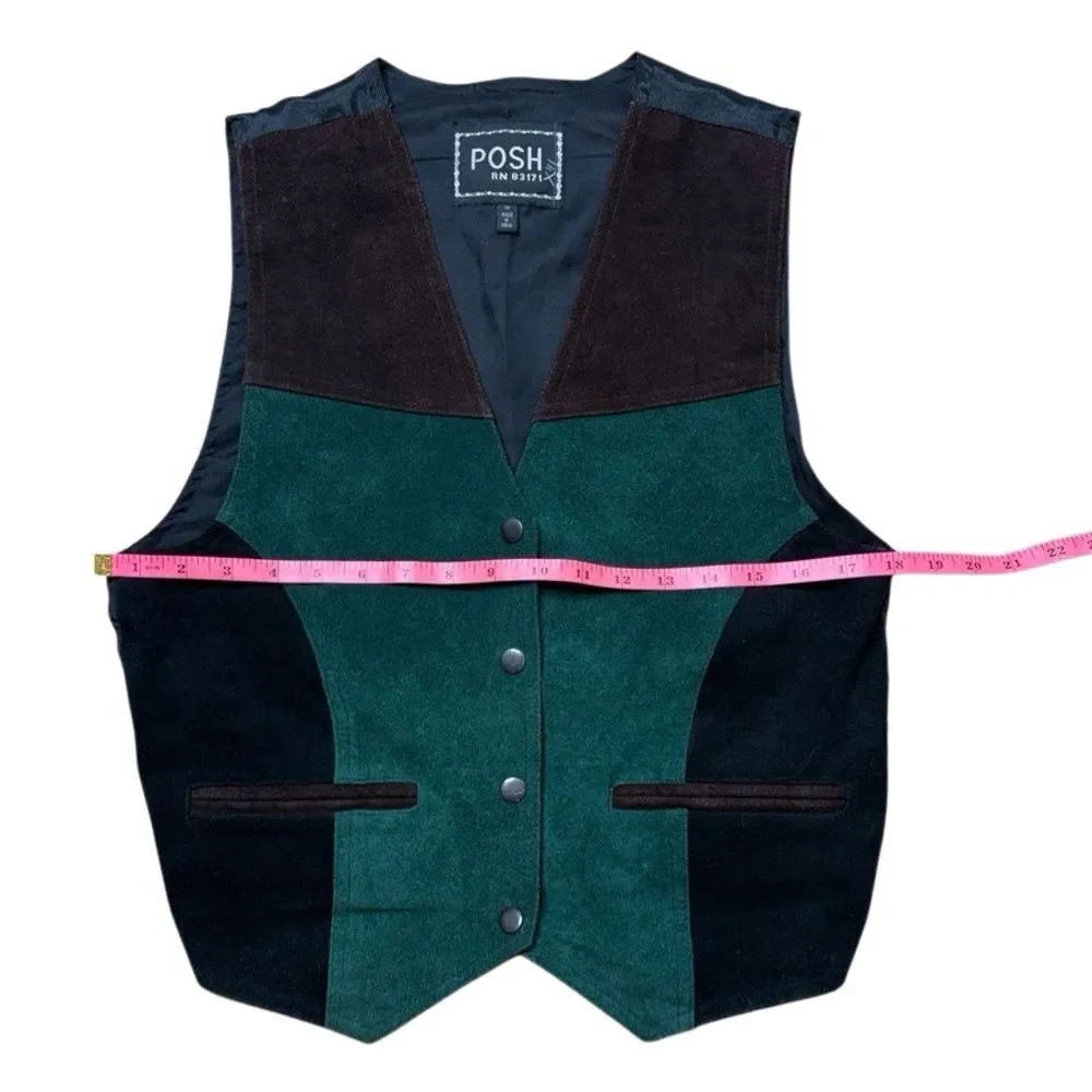 70s Vintage Posh Suede Leather Vest Green Brown Black Medium